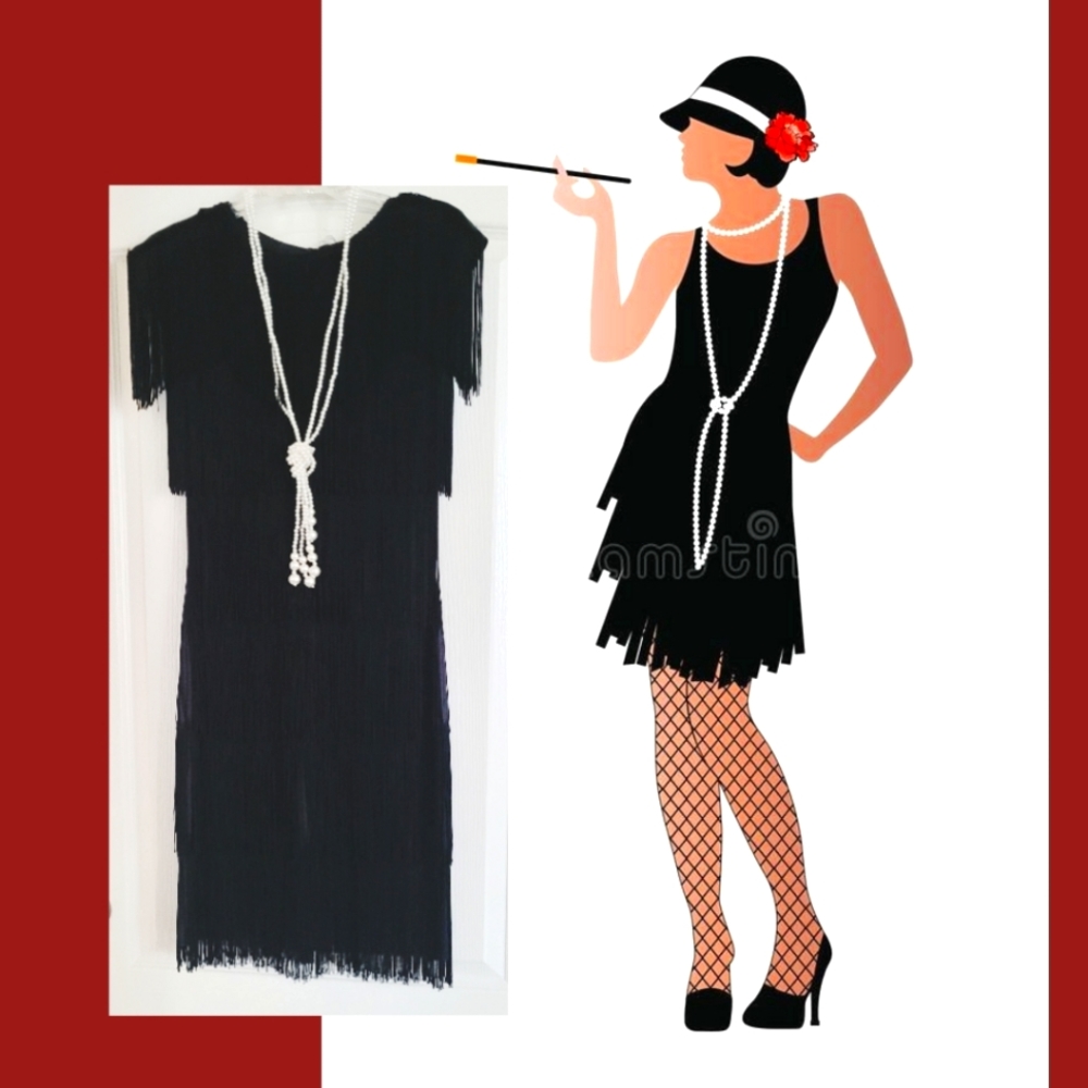 Vintage 1980s Black Fringe Tassel Dress Flapper  Gown